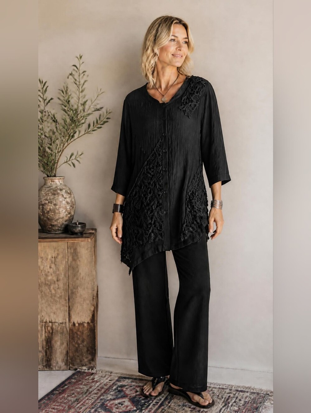 PRETTY ANGEL Black Linen Blend Lace Accent Tunic Top